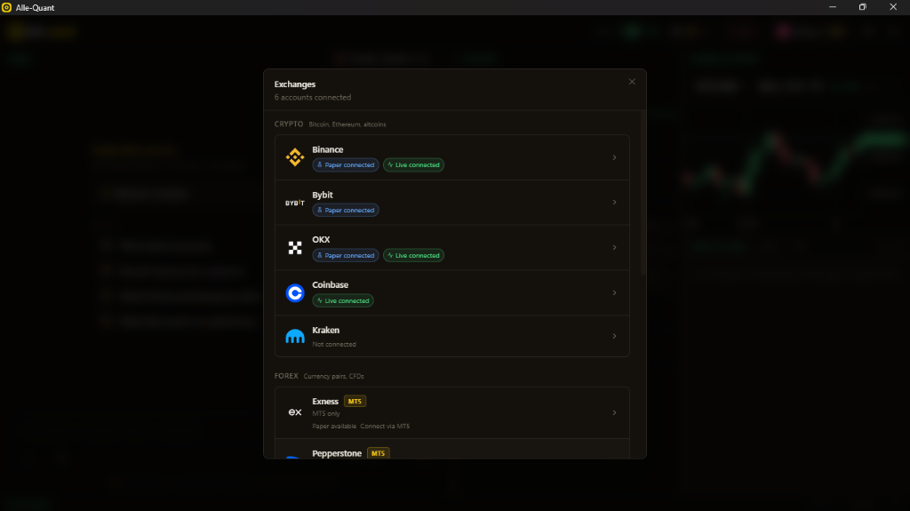 Alle-Quant connected exchanges panel showing multiple active accounts