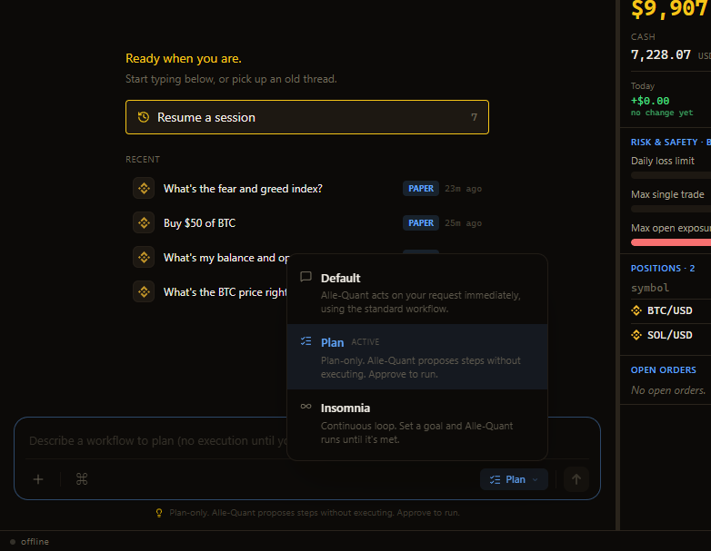 Mode selector popup displaying Default, Plan, and Insomnia modes