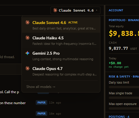 LLM Model Selector dropdown showing Claude and Gemini options